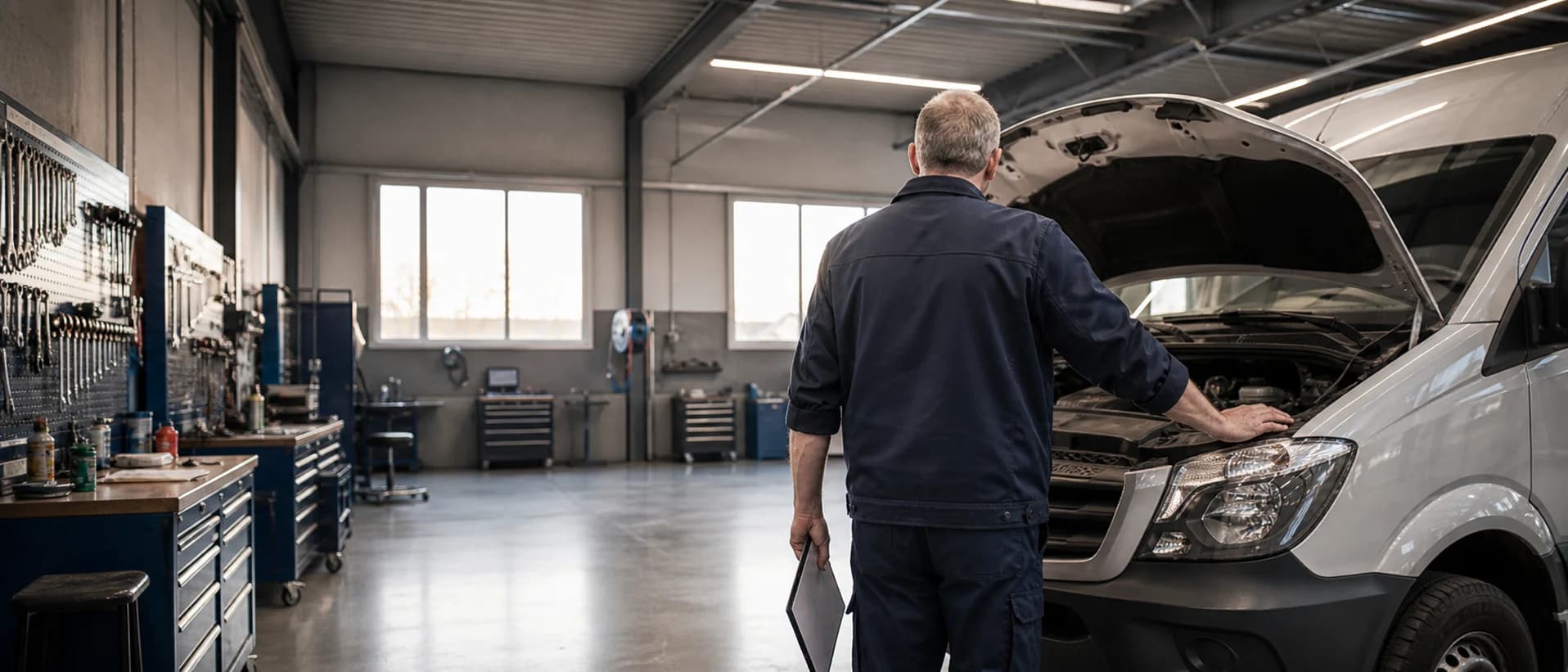 Stilisierte Werkstatt-Aufnahme: Mechaniker in der Werkstatt am offenen Sprinter. KI-generiertes Bild · PAGS GmbH Leipzig.